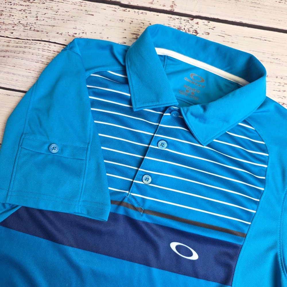 Oakley Men Hydrolix Golf Polo Shirt Blue Striped Short Sleeve Regular Fit Medium